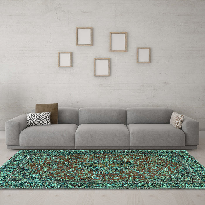 Machine Washable Persian Turquoise Traditional Area Rugs in a Living Room,, wshtr3671turq