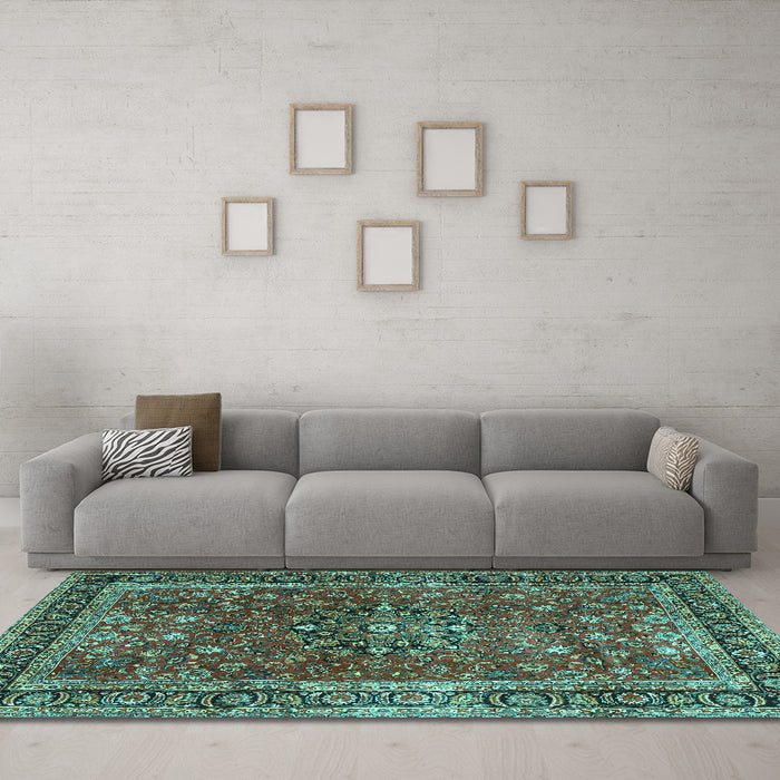 Machine Washable Persian Turquoise Traditional Area Rugs in a Living Room,, wshtr3672turq