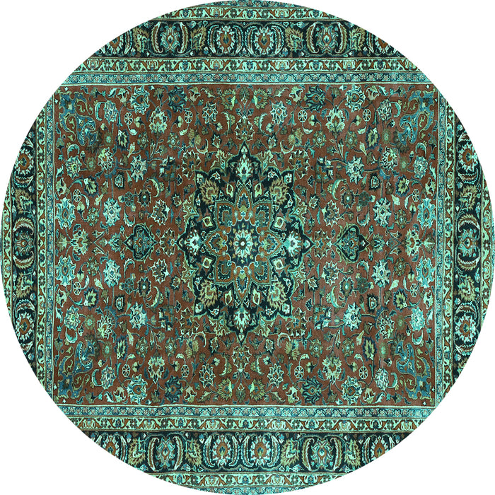 Round Machine Washable Persian Turquoise Traditional Area Rugs, wshtr3672turq