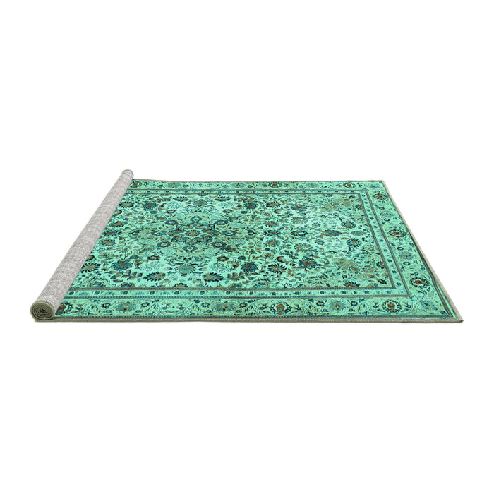 Sideview of Machine Washable Persian Turquoise Traditional Area Rugs, wshtr3673turq