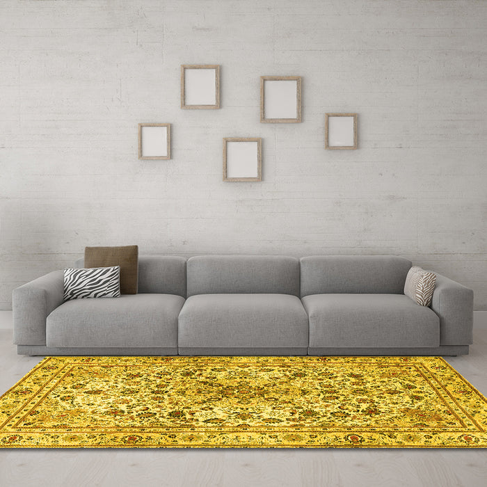 Machine Washable Persian Yellow Traditional Rug in a Living Room, wshtr3673yw
