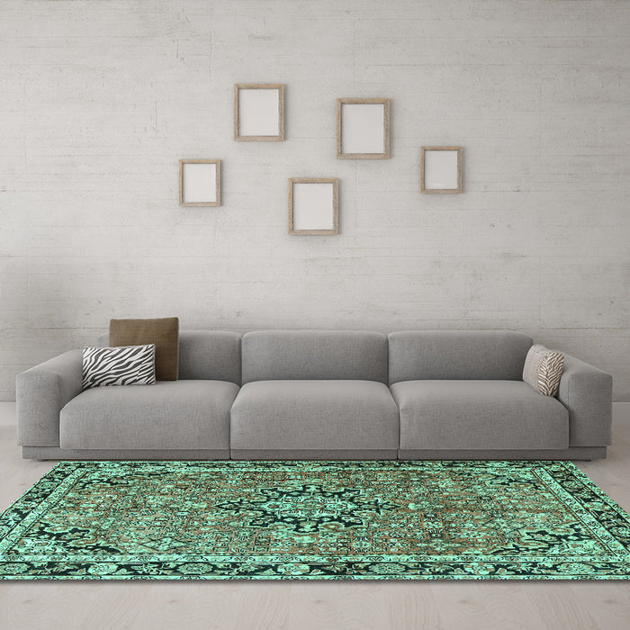 Machine Washable Persian Turquoise Traditional Area Rugs in a Living Room,, wshtr3674turq