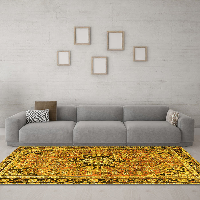 Machine Washable Persian Yellow Traditional Rug in a Living Room, wshtr3674yw