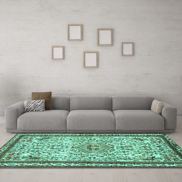 Machine Washable Persian Turquoise Traditional Area Rugs in a Living Room,, wshtr3675turq