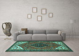 Machine Washable Persian Turquoise Traditional Area Rugs in a Living Room,, wshtr3676turq