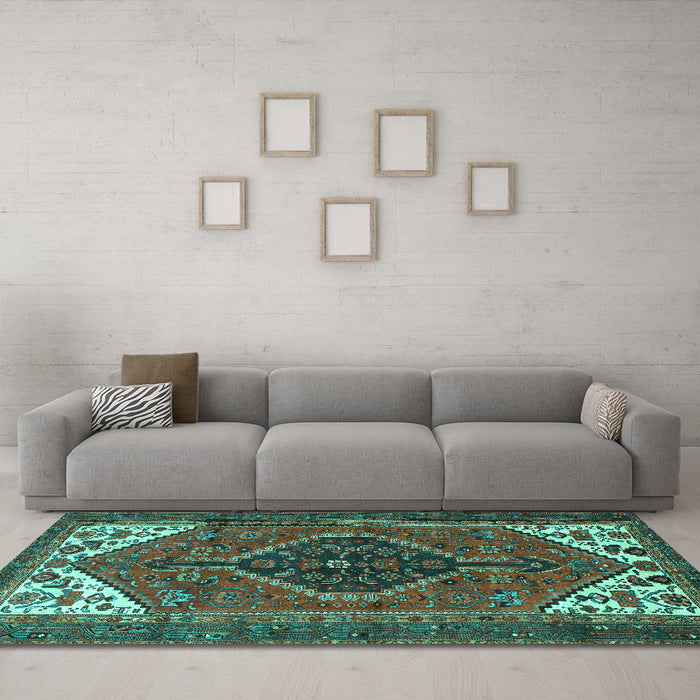 Machine Washable Persian Turquoise Traditional Area Rugs in a Living Room,, wshtr3676turq