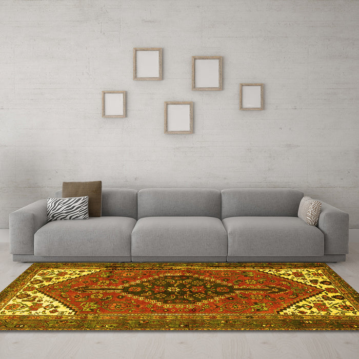 Machine Washable Persian Yellow Traditional Rug in a Living Room, wshtr3676yw
