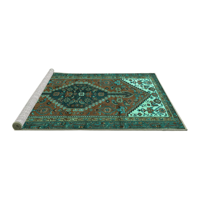 Sideview of Machine Washable Persian Turquoise Traditional Area Rugs, wshtr3676turq