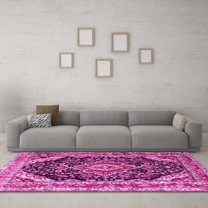 Machine Washable Medallion Pink Traditional Rug in a Living Room, wshtr3677pnk