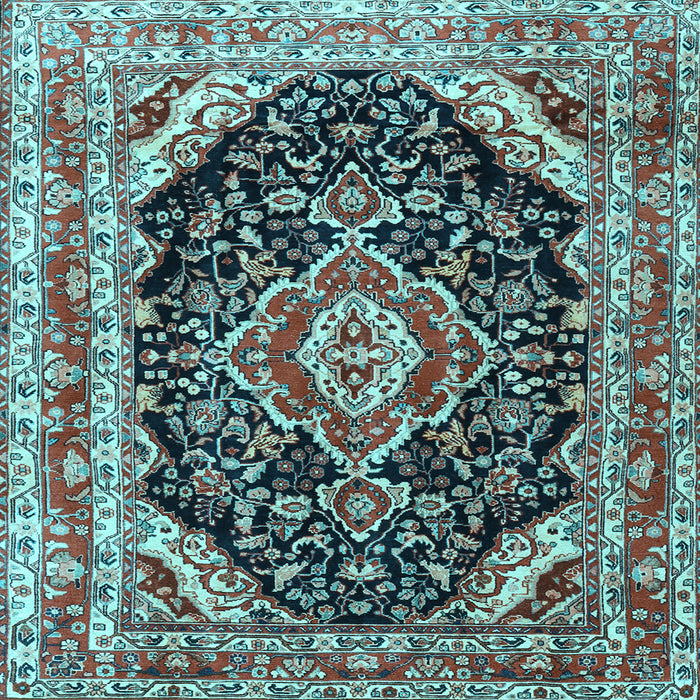 Square Machine Washable Medallion Light Blue Traditional Rug, wshtr3677lblu