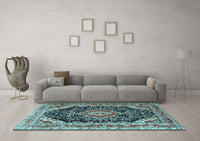 Machine Washable Medallion Light Blue Traditional Rug, wshtr3677lblu