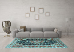 Machine Washable Medallion Light Blue Traditional Rug in a Living Room, wshtr3677lblu