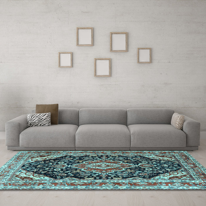 Machine Washable Medallion Light Blue Traditional Rug in a Living Room, wshtr3677lblu