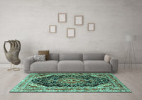 Machine Washable Medallion Turquoise Traditional Rug, wshtr3677turq