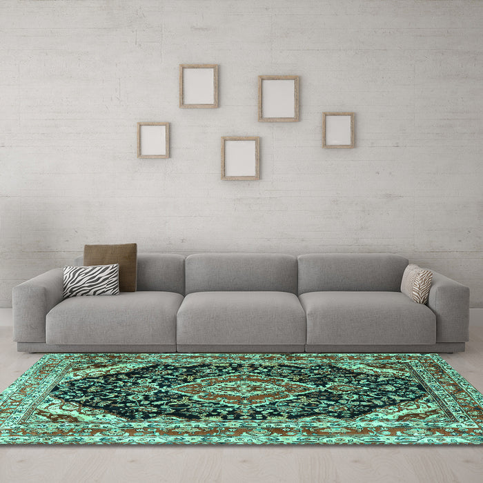 Machine Washable Medallion Turquoise Traditional Area Rugs in a Living Room,, wshtr3677turq