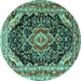 Round Machine Washable Medallion Turquoise Traditional Area Rugs, wshtr3677turq