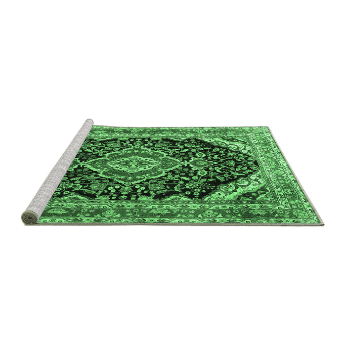 Sideview of Machine Washable Medallion Emerald Green Traditional Area Rugs, wshtr3677emgrn