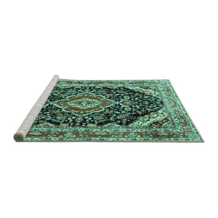 Sideview of Machine Washable Medallion Turquoise Traditional Area Rugs, wshtr3677turq