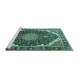 Sideview of Machine Washable Medallion Turquoise Traditional Area Rugs, wshtr3678turq