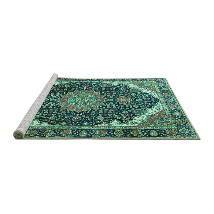Sideview of Machine Washable Medallion Turquoise Traditional Area Rugs, wshtr3678turq