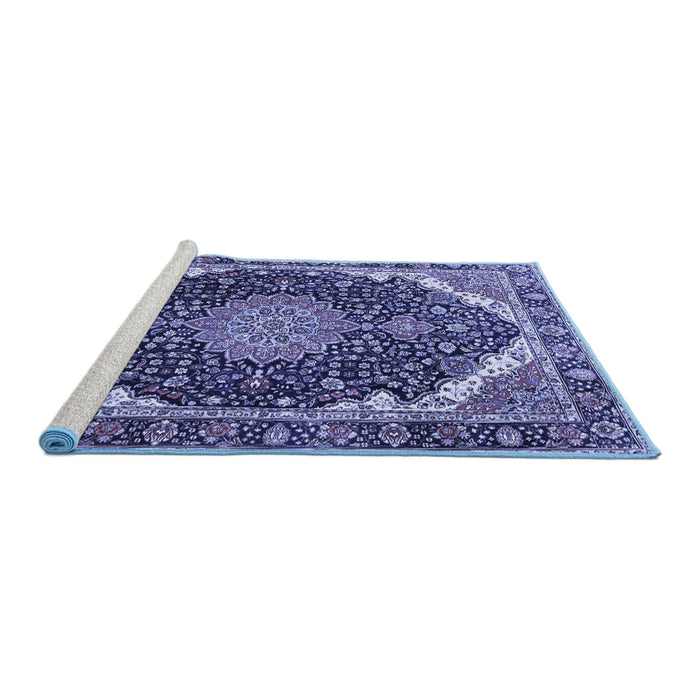 Sideview of Machine Washable Medallion Blue Traditional Rug, wshtr3678blu