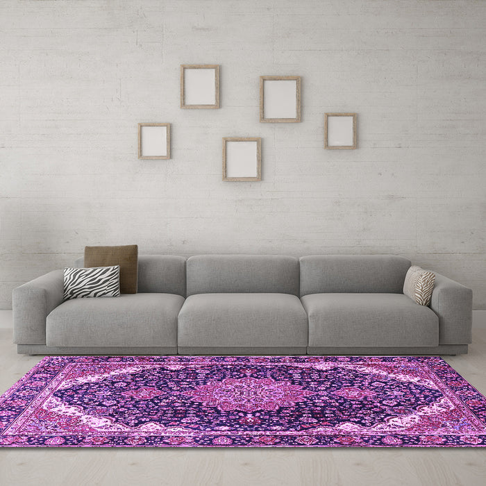 Machine Washable Medallion Purple Traditional Area Rugs in a Living Room, wshtr3678pur