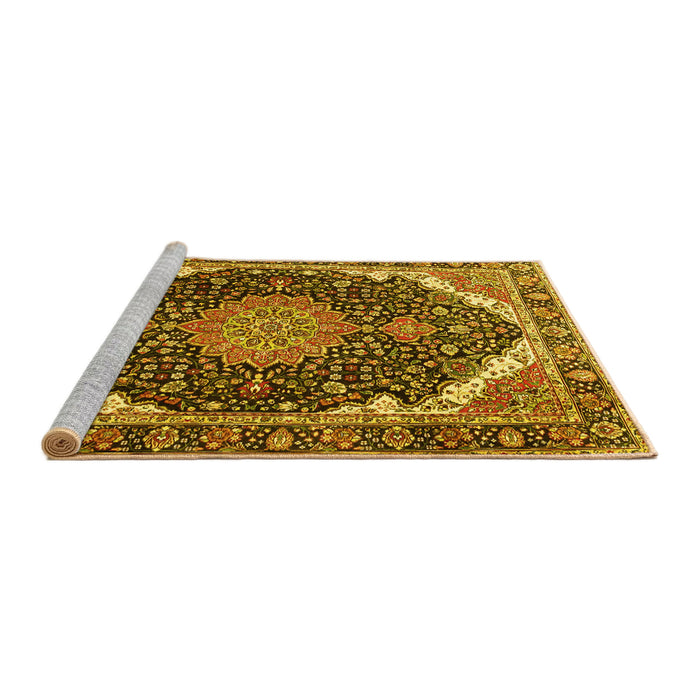 Sideview of Machine Washable Medallion Yellow Traditional Rug, wshtr3678yw
