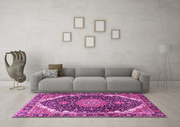 Machine Washable Medallion Pink Traditional Rug in a Living Room, wshtr3678pnk