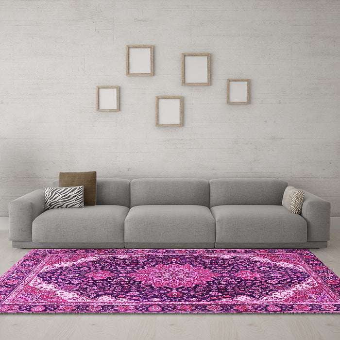 Machine Washable Medallion Pink Traditional Rug in a Living Room, wshtr3678pnk