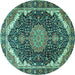 Round Machine Washable Medallion Turquoise Traditional Area Rugs, wshtr3678turq