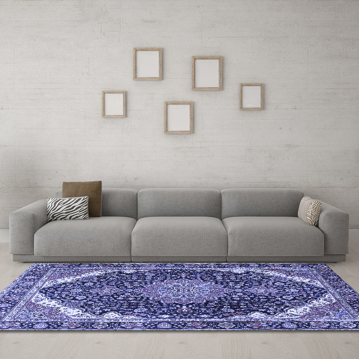 Machine Washable Medallion Blue Traditional Rug in a Living Room, wshtr3678blu