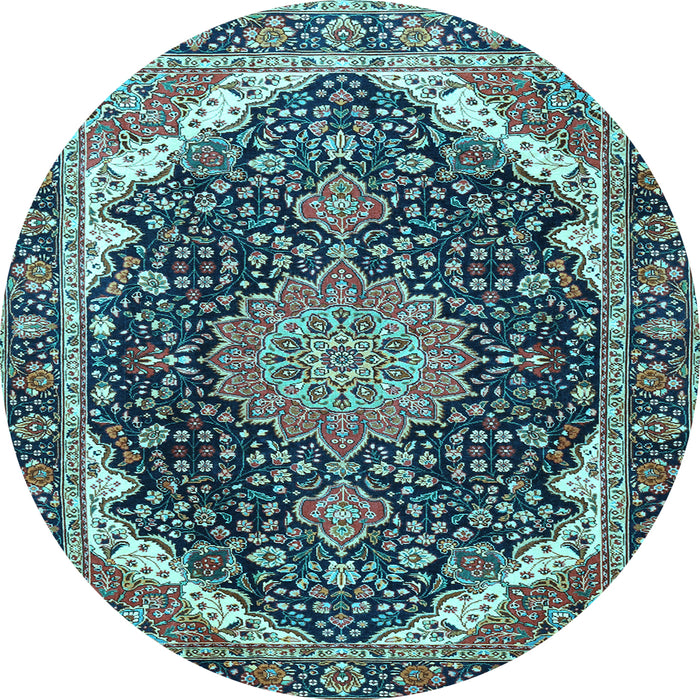 Round Machine Washable Medallion Light Blue Traditional Rug, wshtr3678lblu