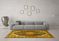 Machine Washable Medallion Yellow Traditional Rug, wshtr3678yw