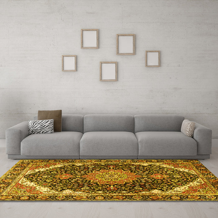 Machine Washable Medallion Yellow Traditional Rug in a Living Room, wshtr3678yw