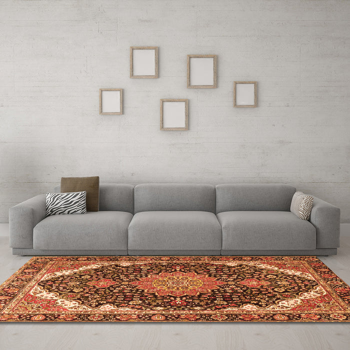 Machine Washable Medallion Orange Traditional Area Rugs in a Living Room, wshtr3678org
