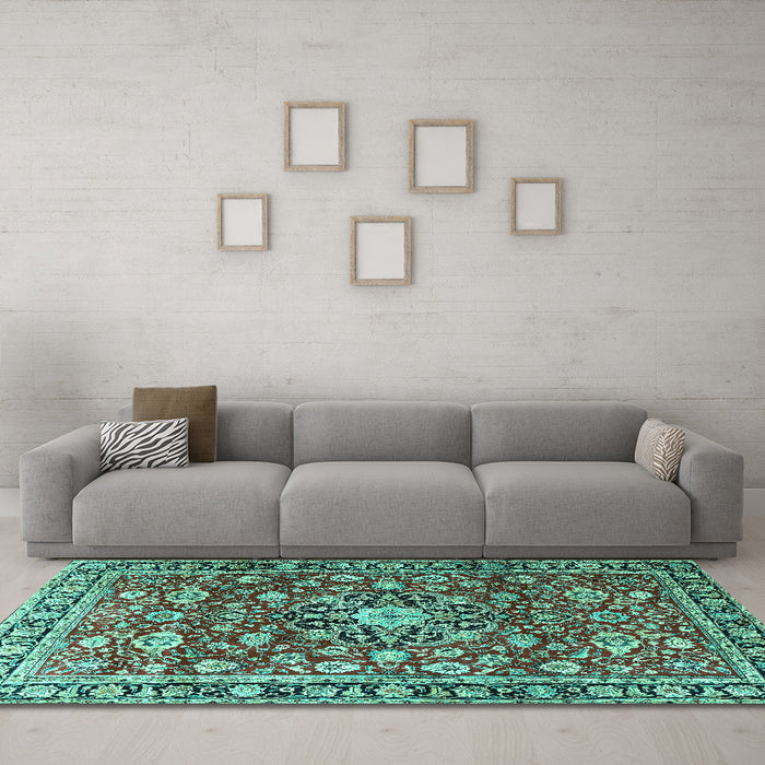 Machine Washable Persian Turquoise Traditional Area Rugs in a Living Room,, wshtr3679turq