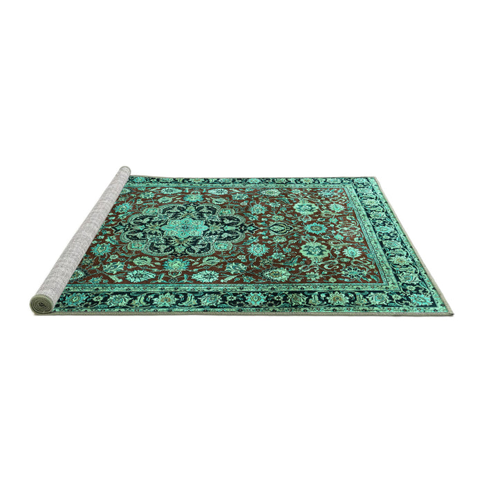 Sideview of Machine Washable Persian Turquoise Traditional Area Rugs, wshtr3679turq