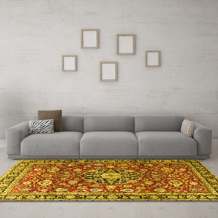 Machine Washable Persian Yellow Traditional Rug in a Living Room, wshtr3679yw