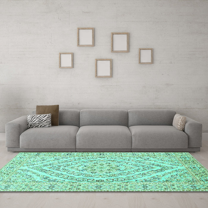 Machine Washable Medallion Turquoise Traditional Area Rugs in a Living Room,, wshtr367turq