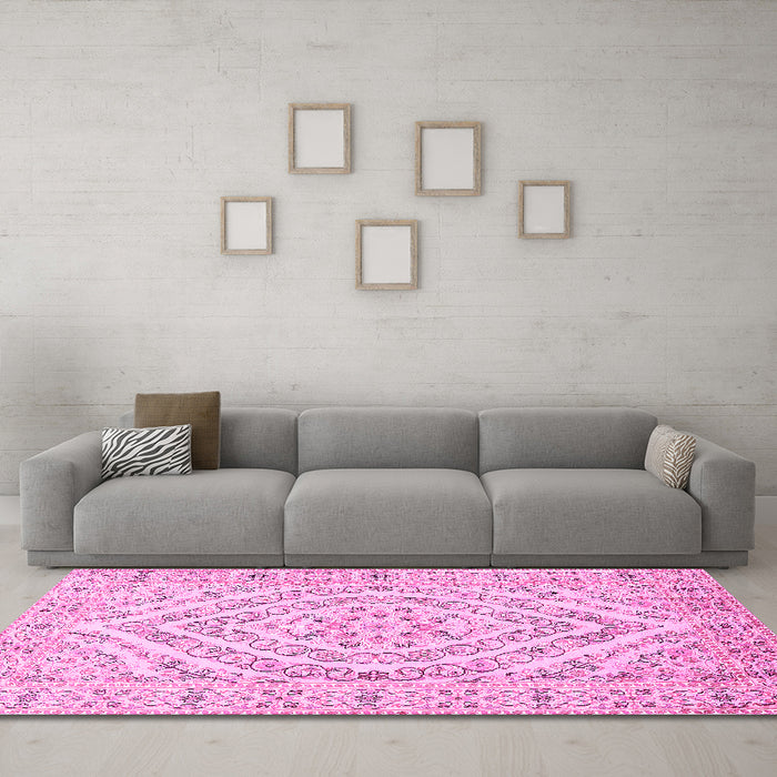 Machine Washable Medallion Pink Traditional Rug in a Living Room, wshtr367pnk