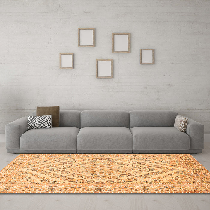 Machine Washable Medallion Orange Traditional Area Rugs in a Living Room, wshtr367org