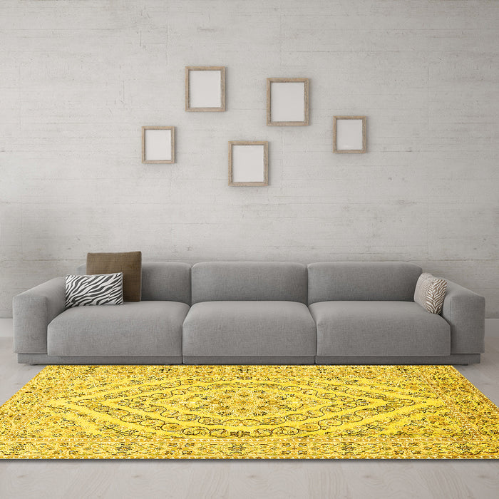 Machine Washable Medallion Yellow Traditional Rug in a Living Room, wshtr367yw