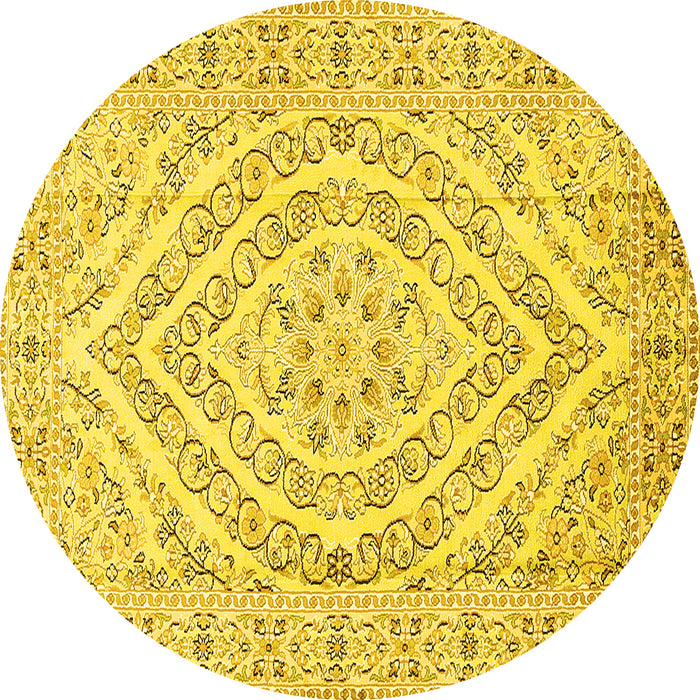 Round Machine Washable Medallion Yellow Traditional Rug, wshtr367yw
