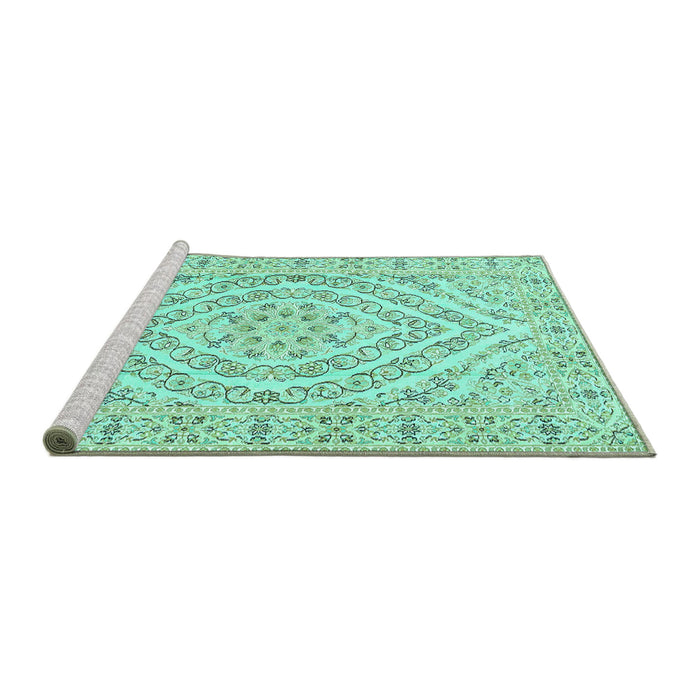 Sideview of Machine Washable Medallion Turquoise Traditional Area Rugs, wshtr367turq
