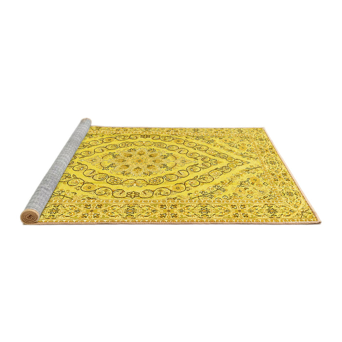 Sideview of Machine Washable Medallion Yellow Traditional Rug, wshtr367yw