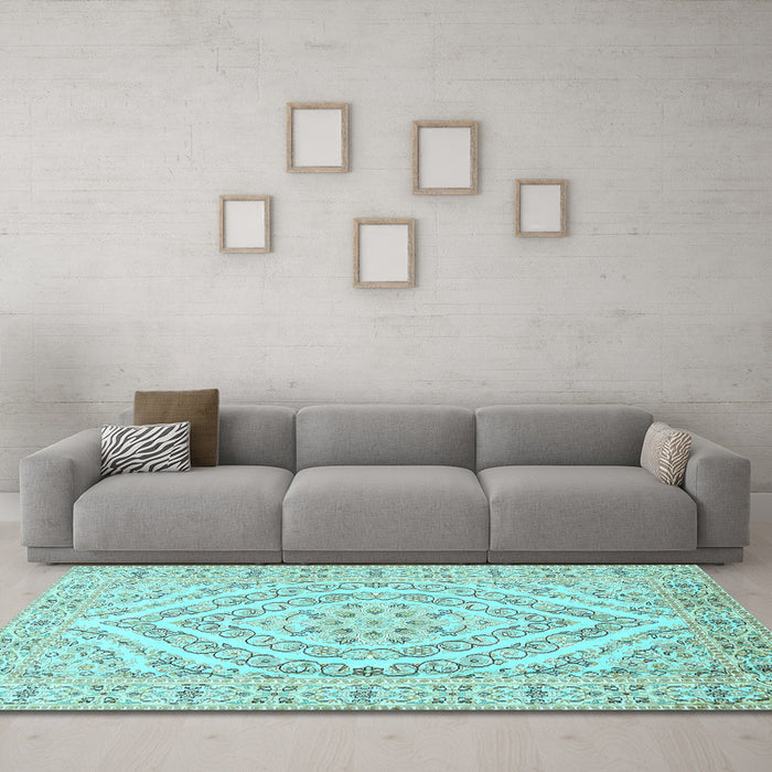 Machine Washable Medallion Light Blue Traditional Rug in a Living Room, wshtr367lblu