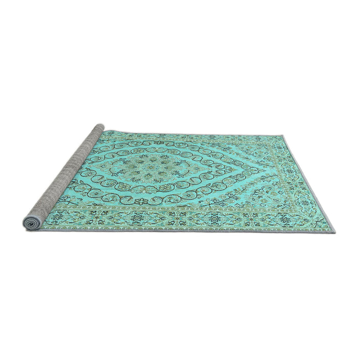 Sideview of Machine Washable Medallion Light Blue Traditional Rug, wshtr367lblu