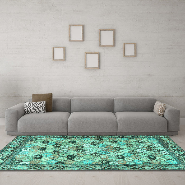 Machine Washable Persian Turquoise Traditional Area Rugs in a Living Room,, wshtr3680turq