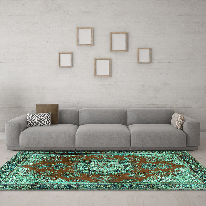 Machine Washable Persian Turquoise Traditional Area Rugs in a Living Room,, wshtr3681turq