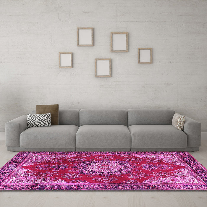 Machine Washable Persian Pink Traditional Rug in a Living Room, wshtr3681pnk